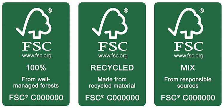 Trois logos des catégories de papiers labelisés FSC